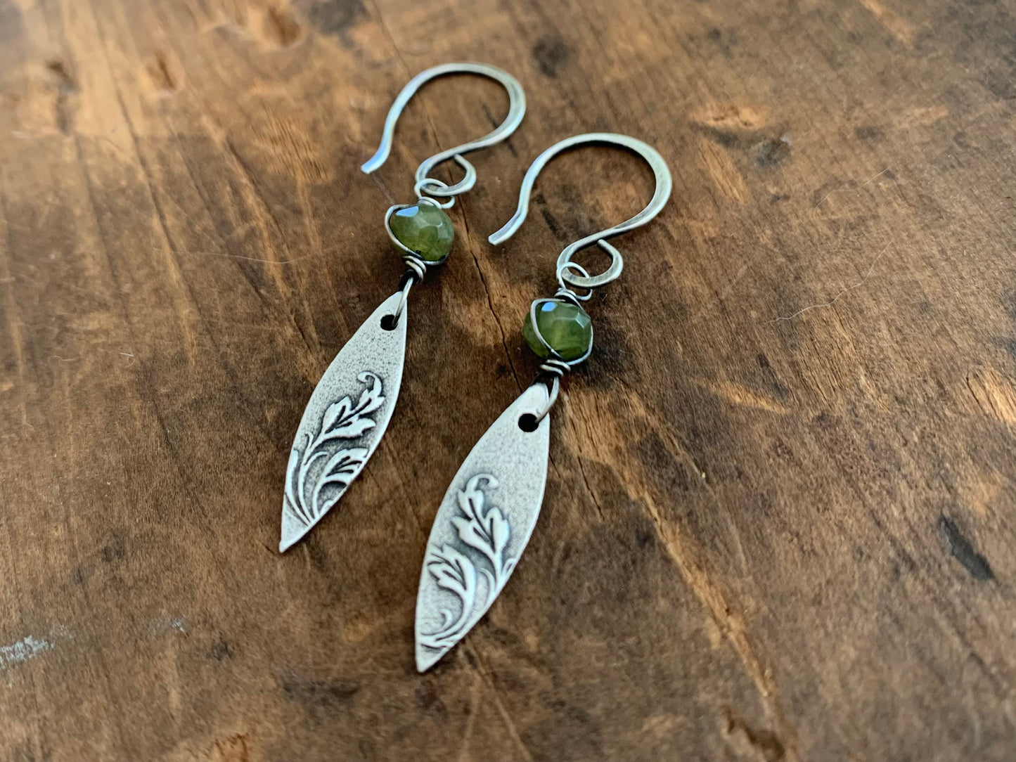 Feuilles Earrings - Handmade. Wire wrapped Vesuvianite/ Idocrase. Oxidized fine silver dangle earrings.