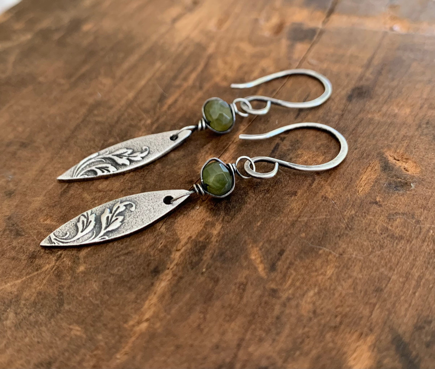 Feuilles Earrings - Handmade. Wire wrapped Vesuvianite/ Idocrase. Oxidized fine silver dangle earrings.