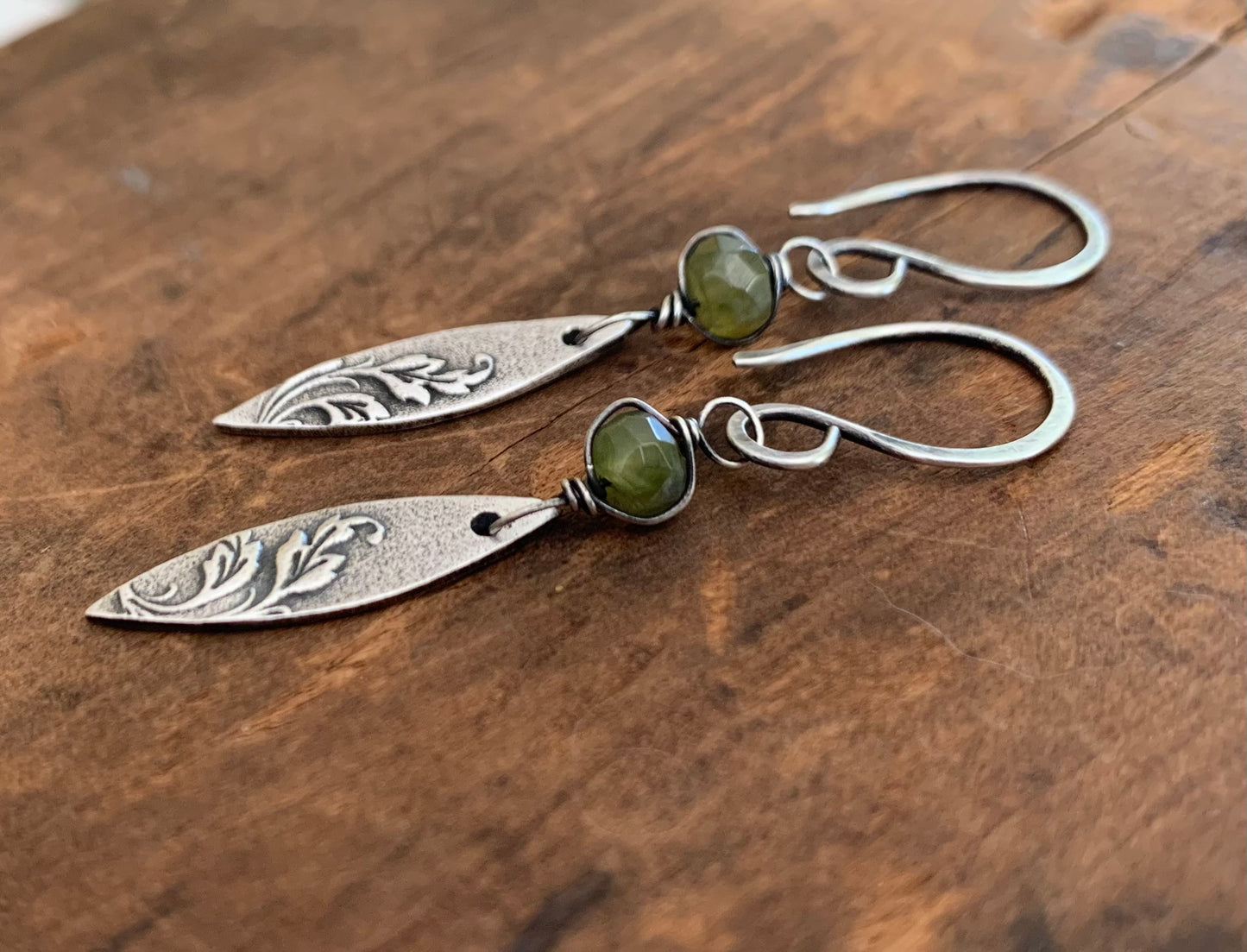 Feuilles Earrings - Handmade. Wire wrapped Vesuvianite/ Idocrase. Oxidized fine silver dangle earrings.