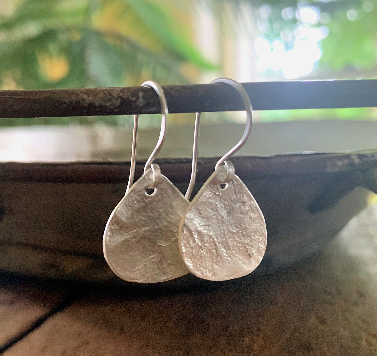 Creek Stone Earrings - Handmade. Brushed fine and sterling silver dangle earrings