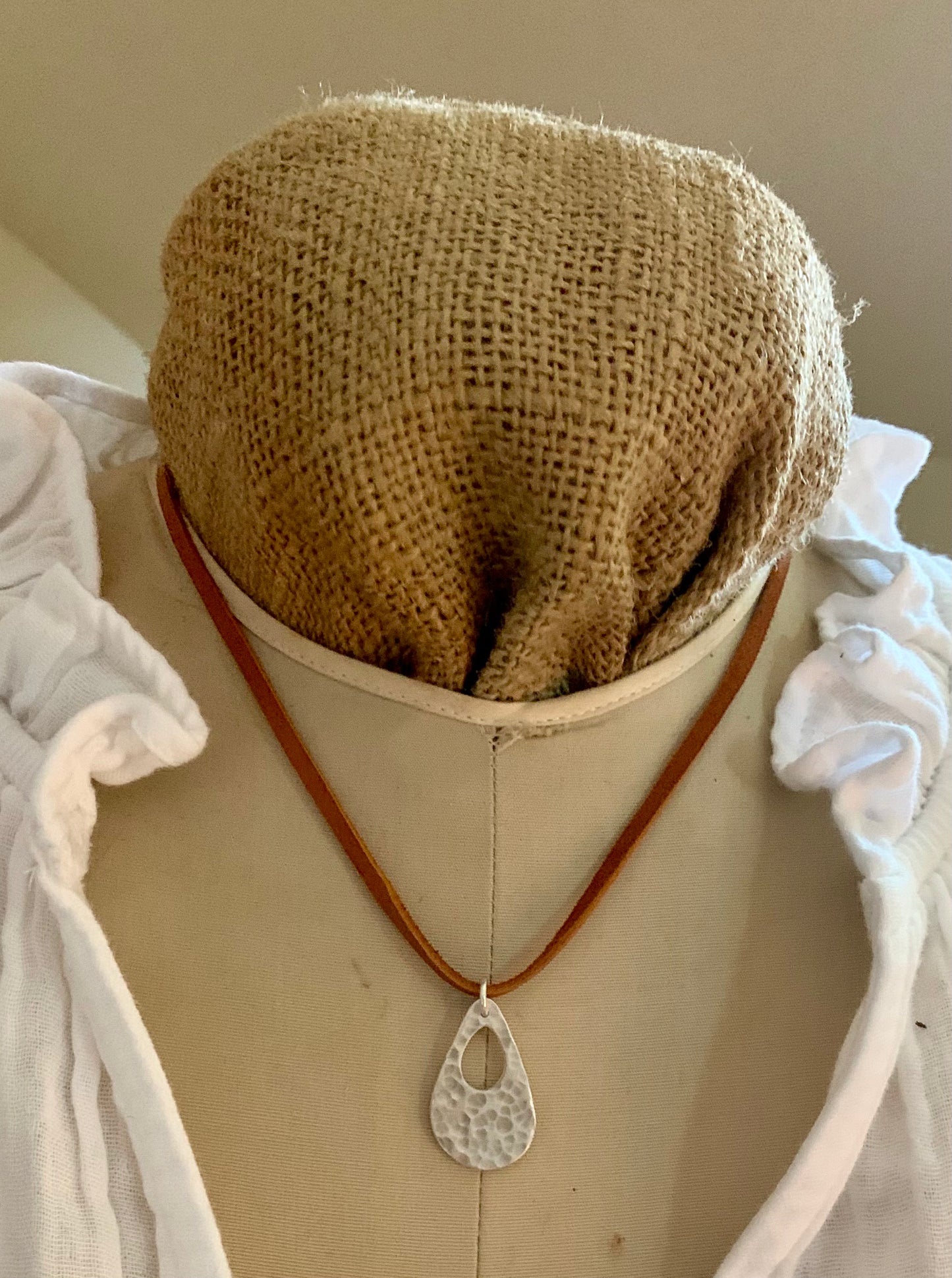 Minutiae Necklace - Fine & Sterling Silver. Leather. Handmade. Hammered Tear Drop Pendant