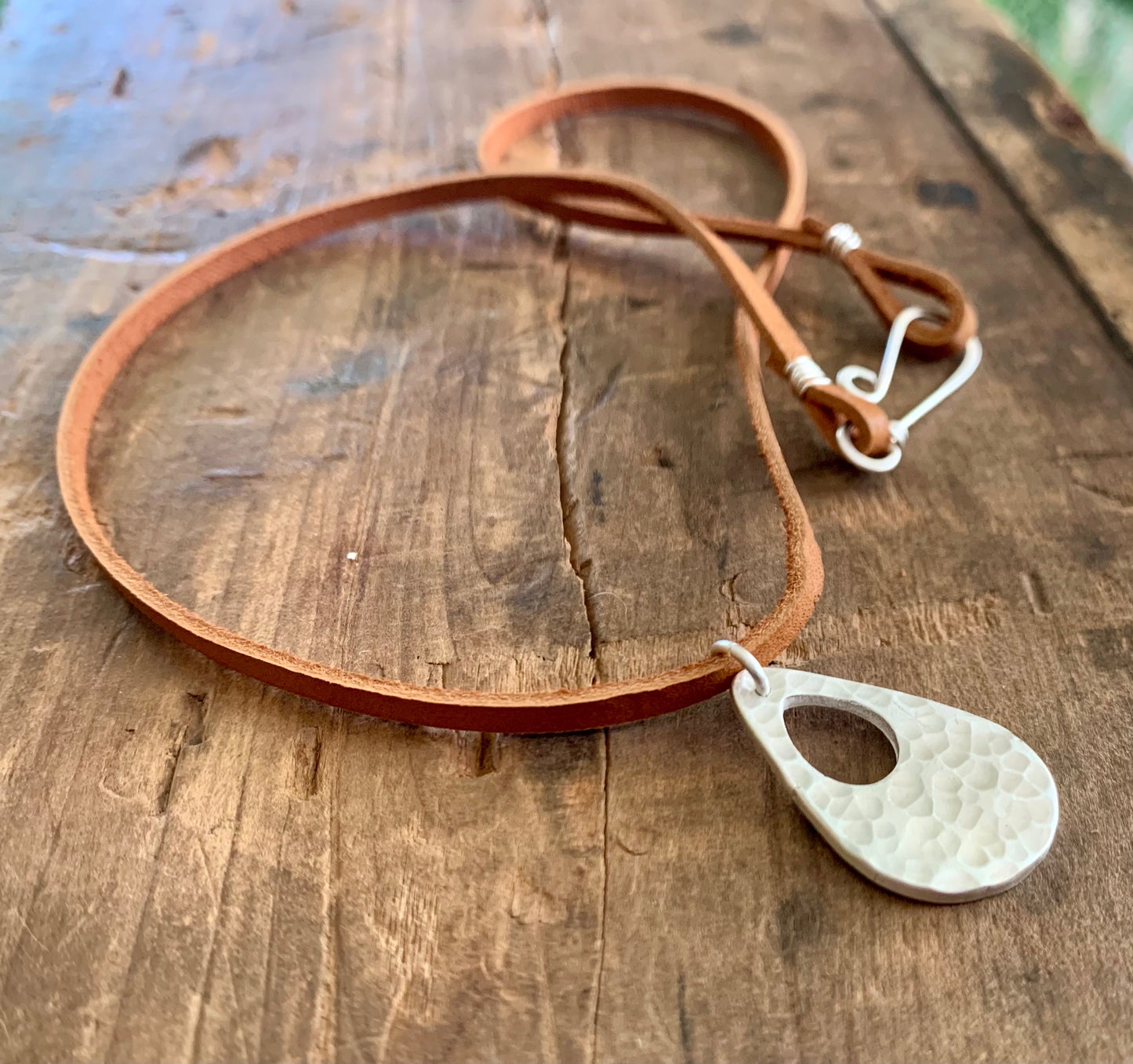 Minutiae Necklace - Fine & Sterling Silver. Leather. Handmade. Hammered Tear Drop Pendant