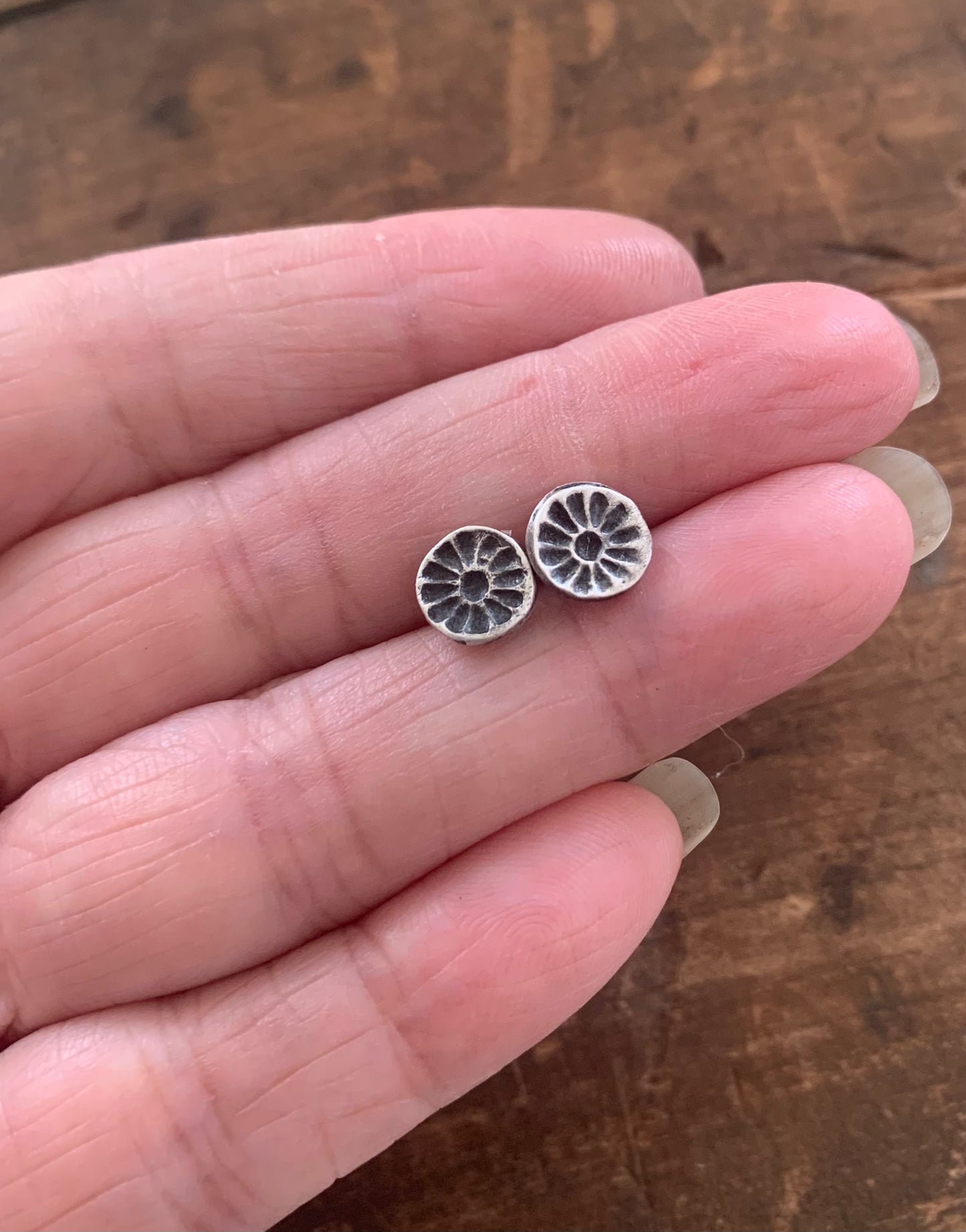 WHOOPS Desert Bloom Post Earrings - Handmade. Oxidized Fine Silver Botanical Earrings. Slightly irregular