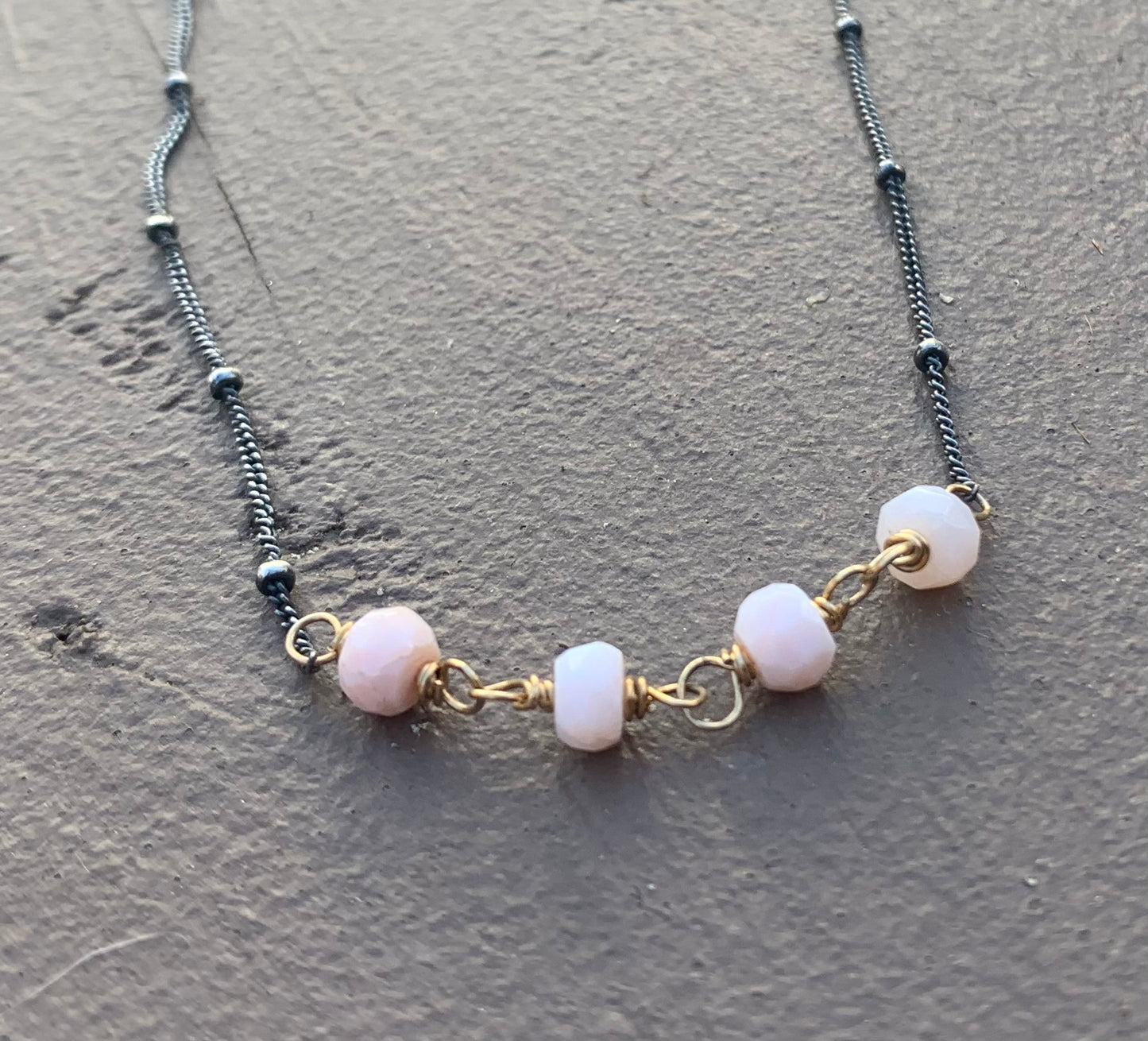Miscible Collection Necklace - Handmade. Pink Opal. 18" Oxidized Sterling silver. 14kt Goldfill. Mixed Metal Necklace