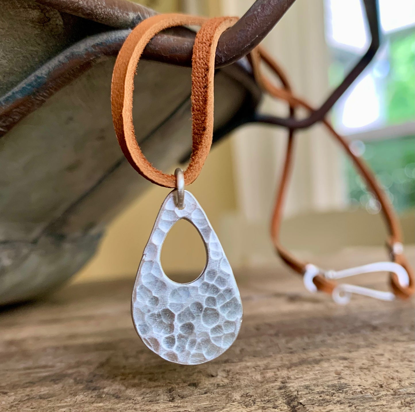 Minutiae Necklace - Fine & Sterling Silver. Leather. Handmade. Hammered Tear Drop Pendant