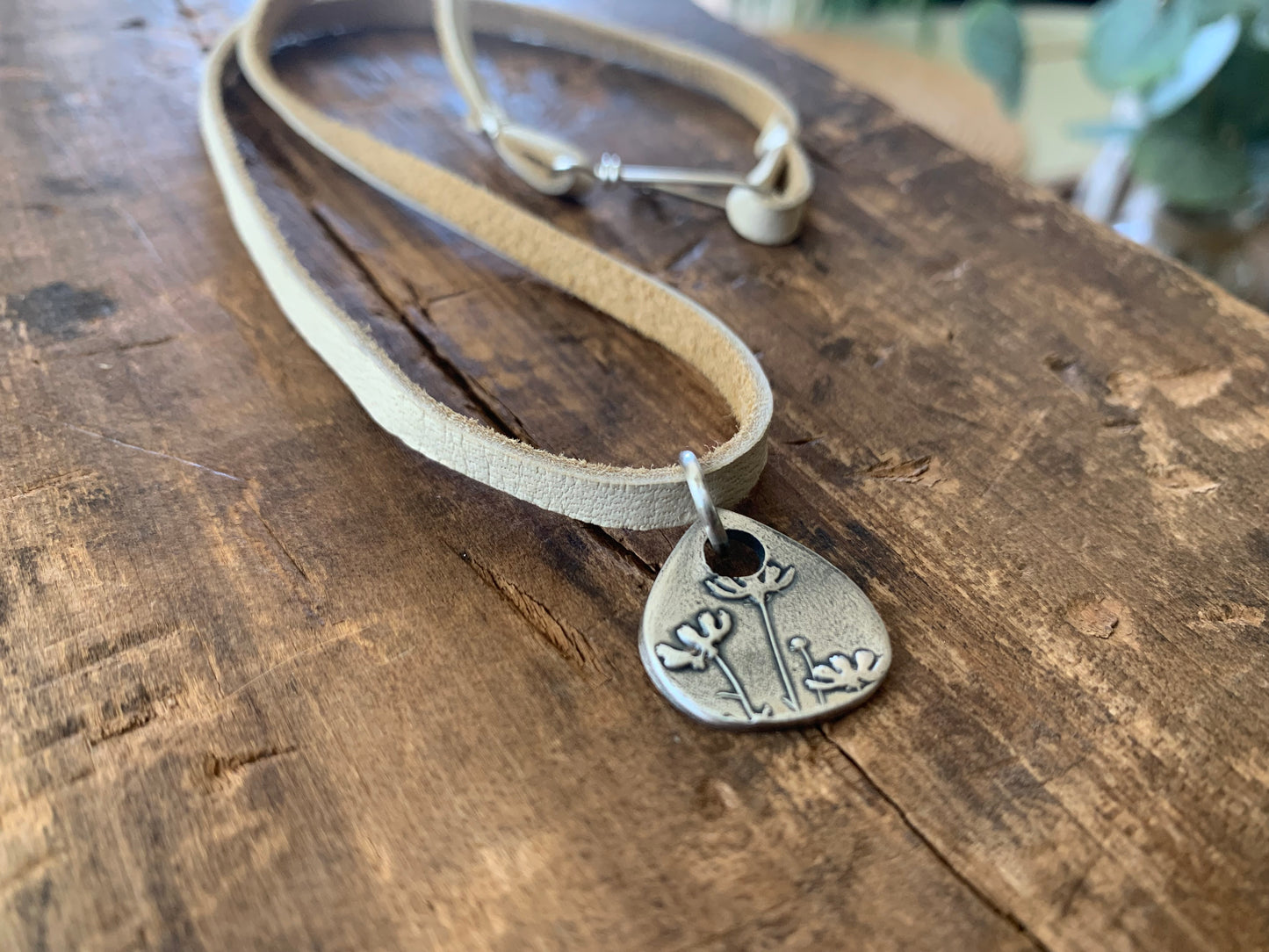 Farmer's Daughter Necklace - Fine & Sterling Silver. Leather. Handmade. Tear Drop Botanical Pendant