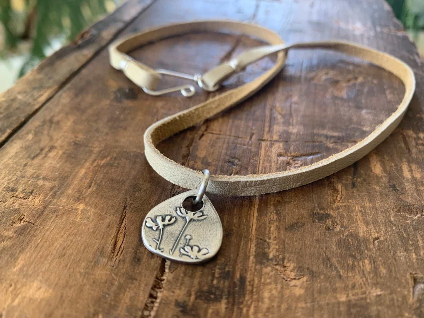 Farmer's Daughter Necklace - Fine & Sterling Silver. Leather. Handmade. Tear Drop Botanical Pendant