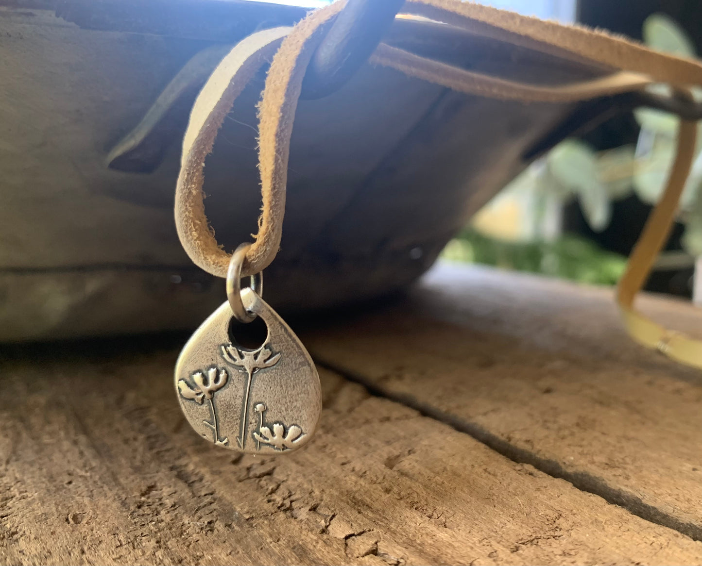 Farmer's Daughter Necklace - Fine & Sterling Silver. Leather. Handmade. Tear Drop Botanical Pendant
