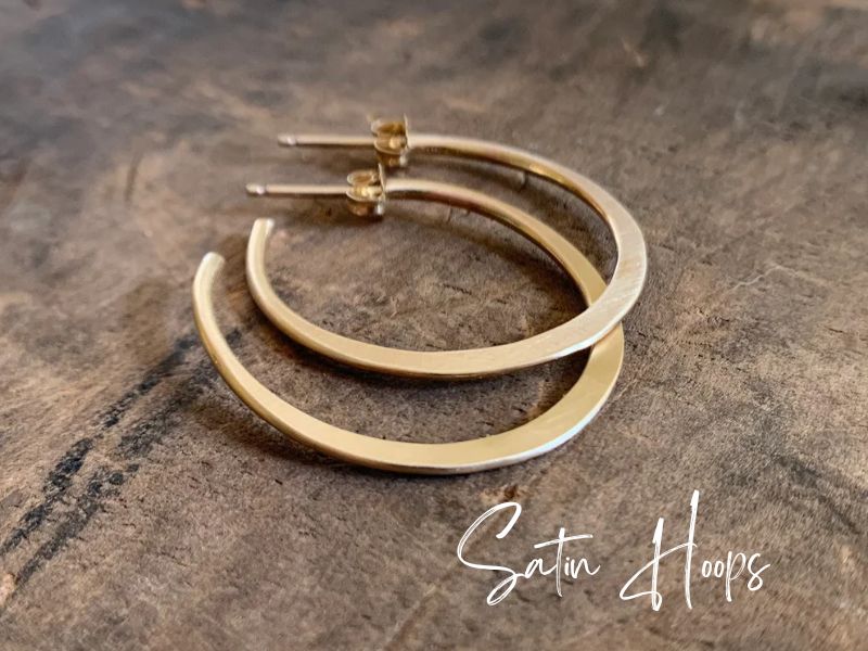 Satin Hoops Thick Gauge Post in 14kt Yellow or Rose Goldfill- Choice of 7 sizes. Handmade. Hammered.