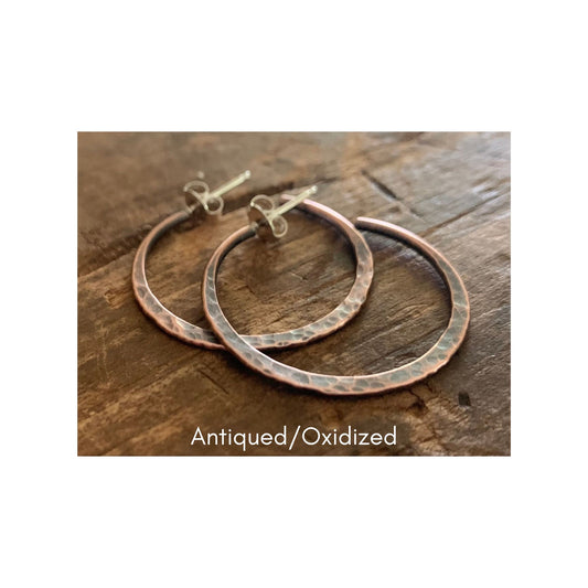 Copper Mangly Hoops with Post - Thick Gauge Copper & Sterling Silver Post Hoops. Handmade. Hammered. Light Weight Hoops