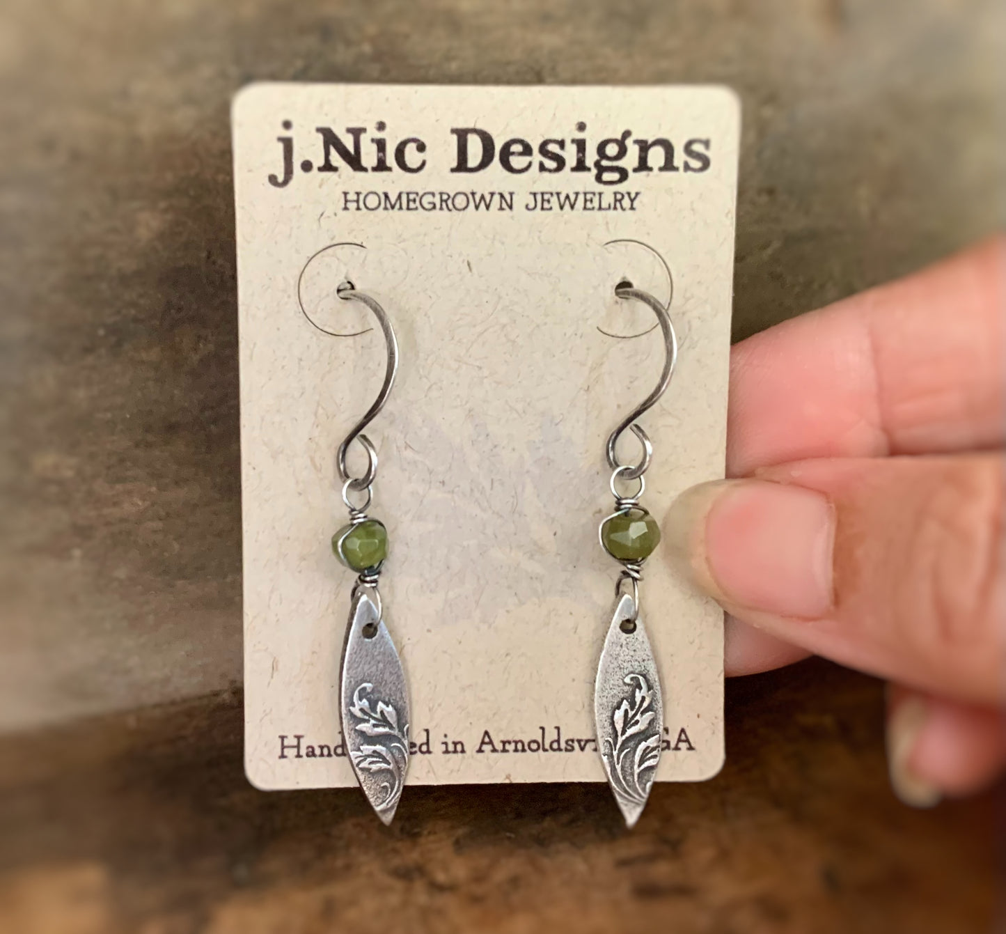 Feuilles Earrings - Handmade. Wire wrapped Vesuvianite/ Idocrase. Oxidized fine silver dangle earrings.