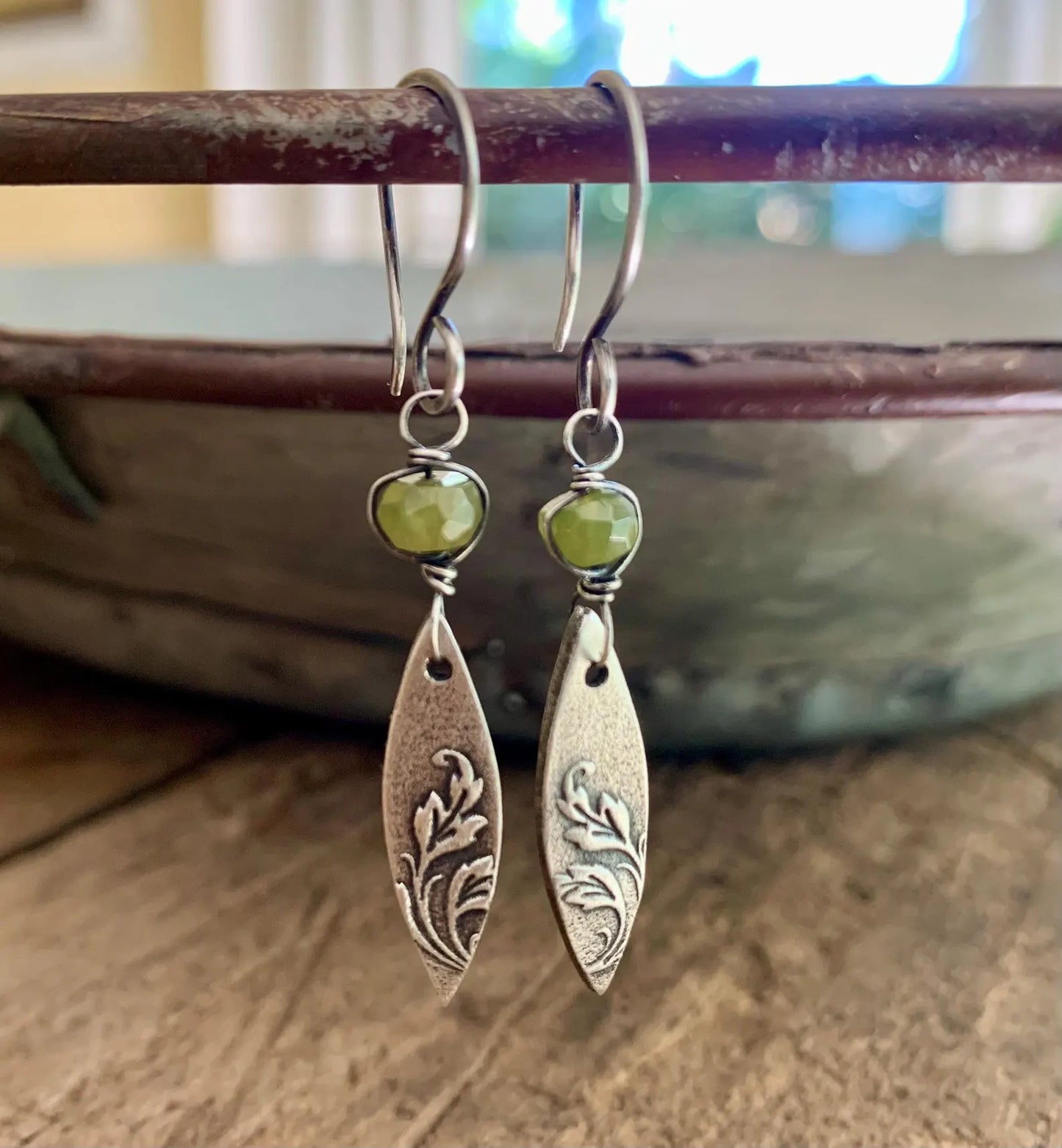 Feuilles Earrings - Handmade. Wire wrapped Vesuvianite/ Idocrase. Oxidized fine silver dangle earrings.
