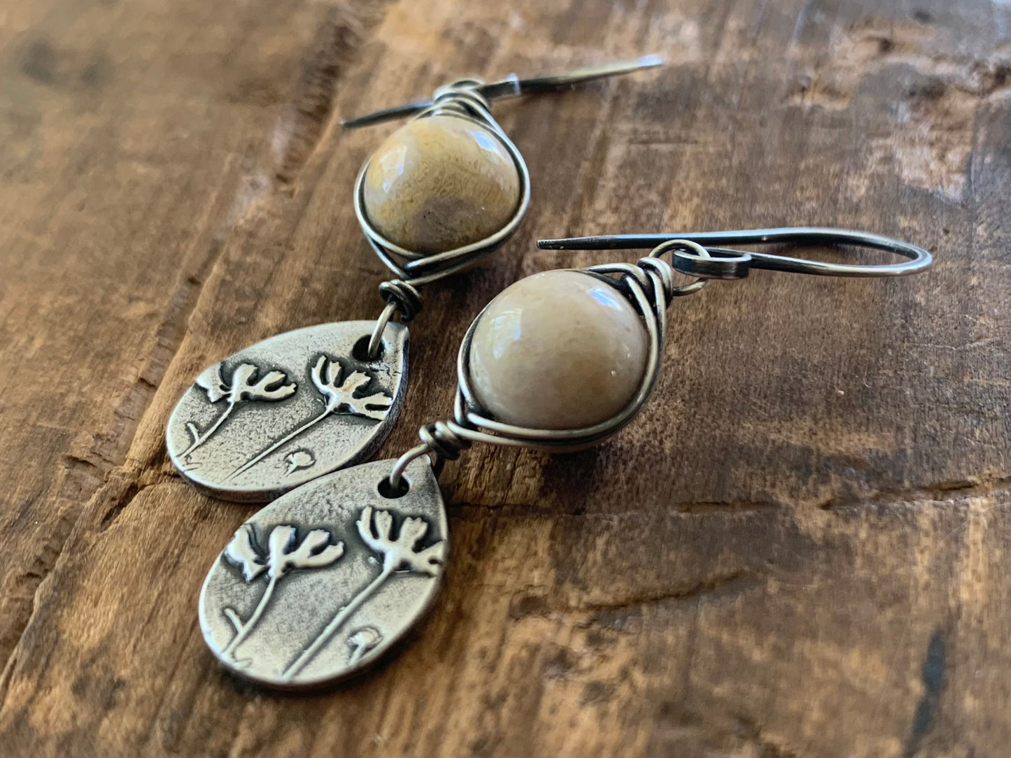Farmer's Daughter Collection Earrings - Field. Handmade. Oxidized fine and sterling silver wire wrapped natural fossil coral dangle earrings