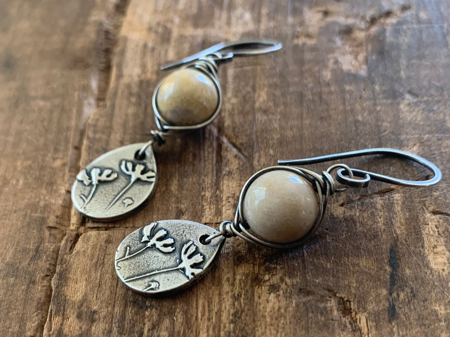 Farmer's Daughter Collection Earrings - Field. Handmade. Oxidized fine and sterling silver wire wrapped natural fossil coral dangle earrings