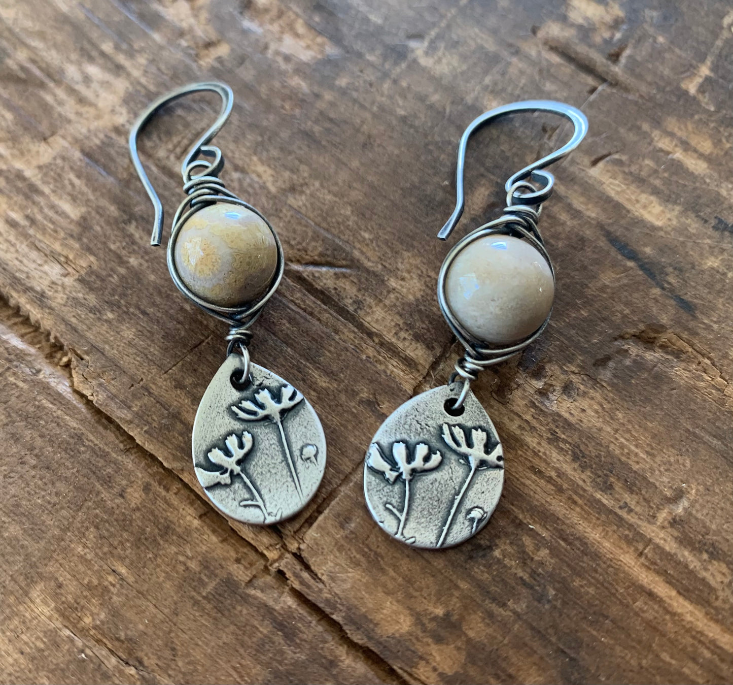 Farmer's Daughter Collection Earrings - Field. Handmade. Oxidized fine and sterling silver wire wrapped natural fossil coral dangle earrings