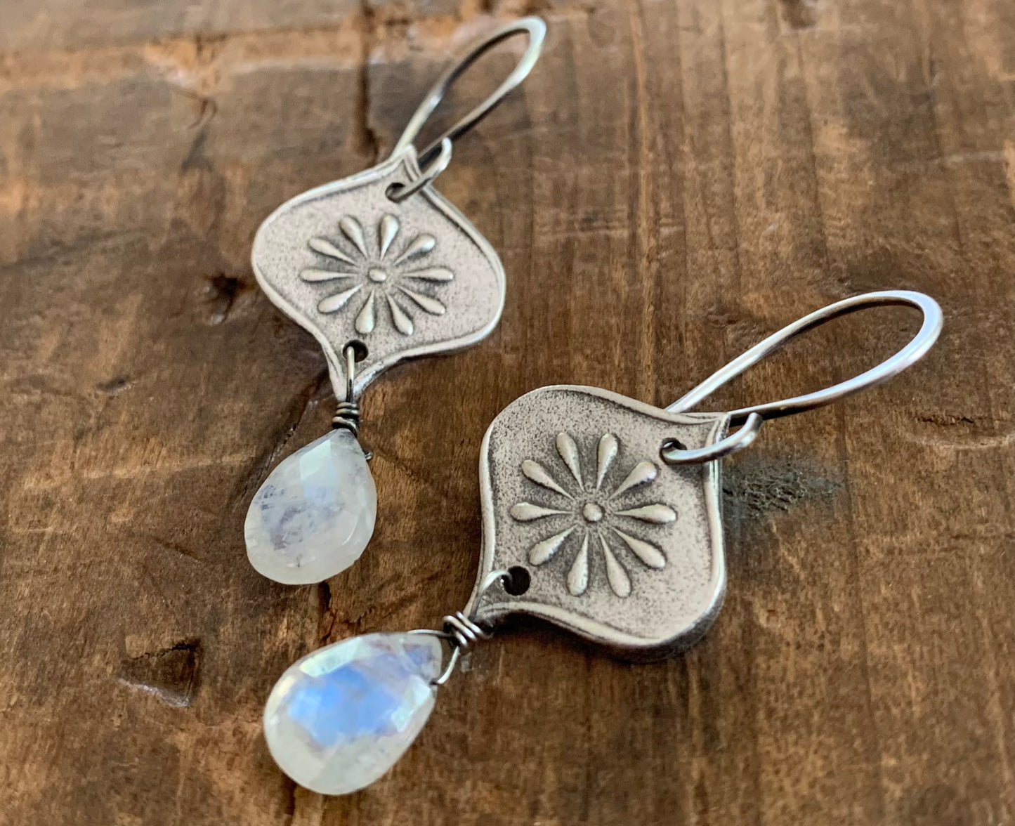 NEW Ponder Earrings - Oxidized fine and sterling silver. Rainbow Moonstone. Handmade dangle earrings