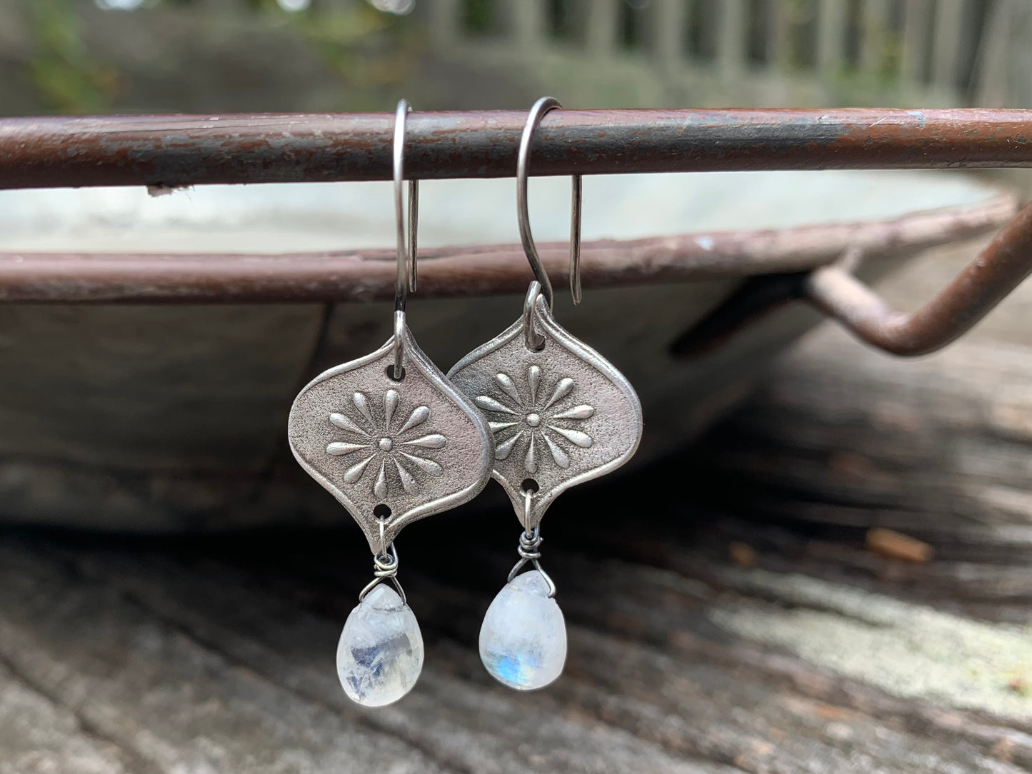 NEW Ponder Earrings - Oxidized fine and sterling silver. Rainbow Moonstone. Handmade dangle earrings