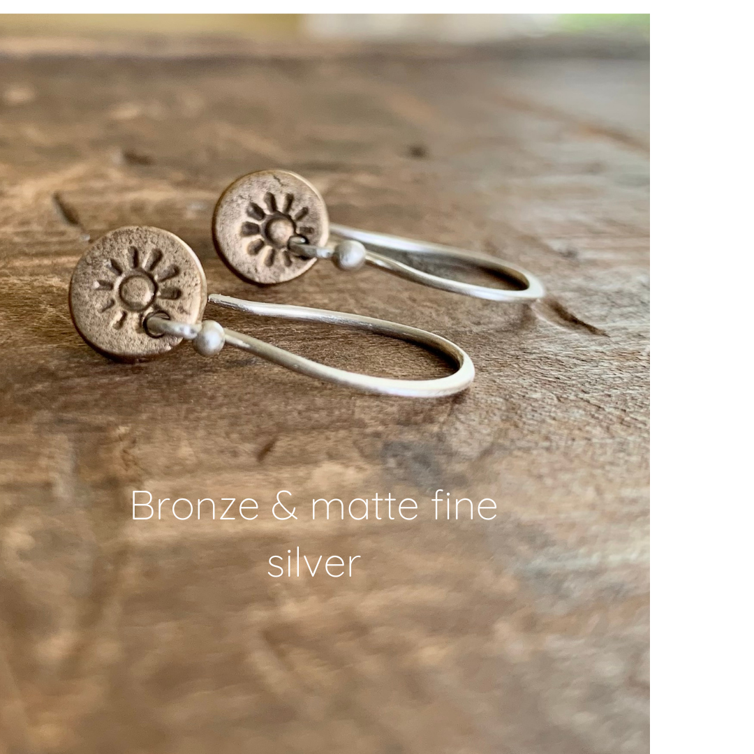 Lil' Sunshine Earrings - Handmade. Oxidized Fine Silver or Mixed Metal Bronze & Fine Silver.