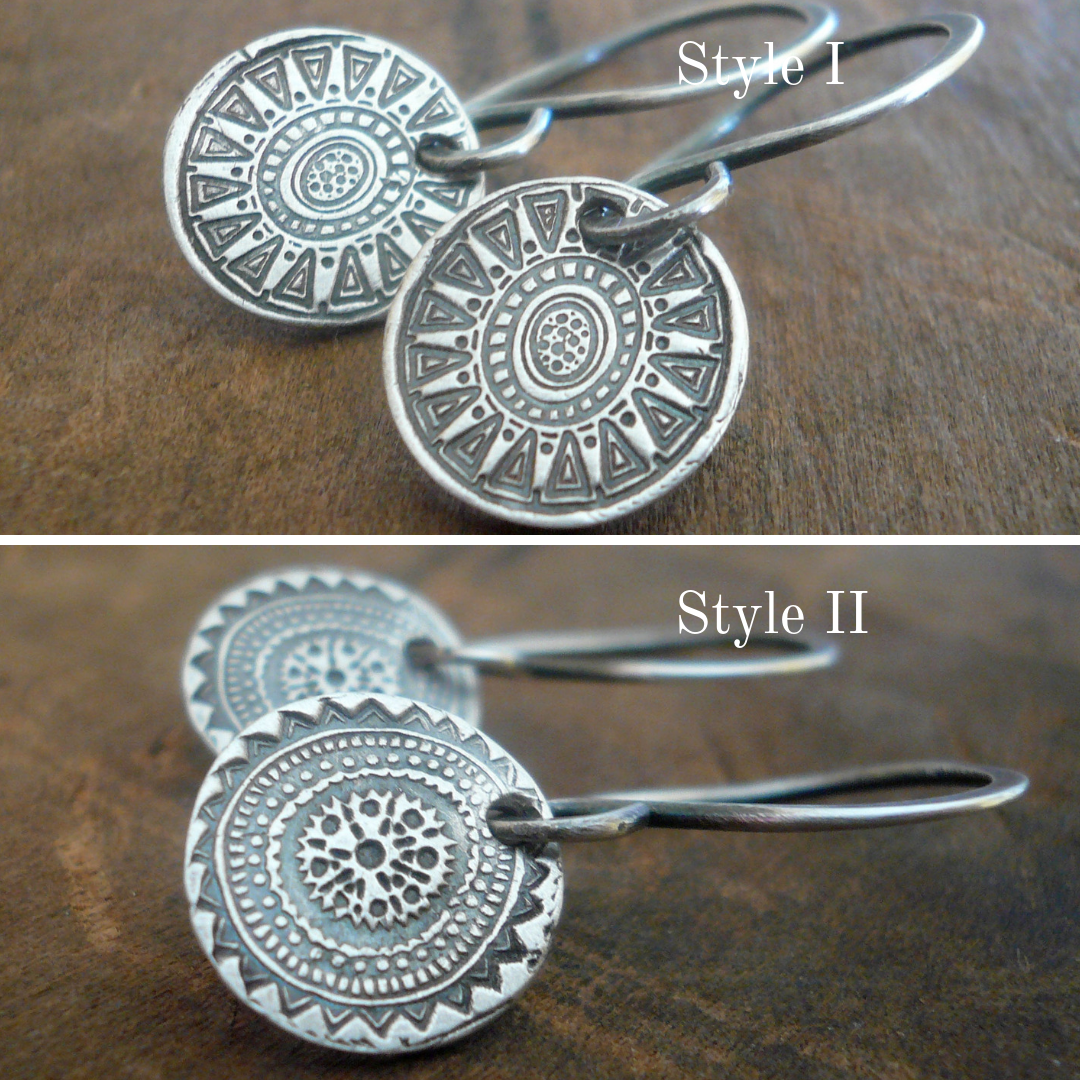 Medallion Earrings Small Style I - Handmade. Oxidized fine and sterling silver