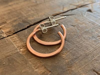 Copper Every Day Hoops with Post - Thick Gauge Copper & Sterling Silver Post Hoops. Handmade. Hammered. Light Weight Hoops