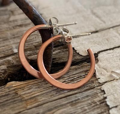 Copper Every Day Hoops with Post - Thick Gauge Copper & Sterling Silver Post Hoops. Handmade. Hammered. Light Weight Hoops
