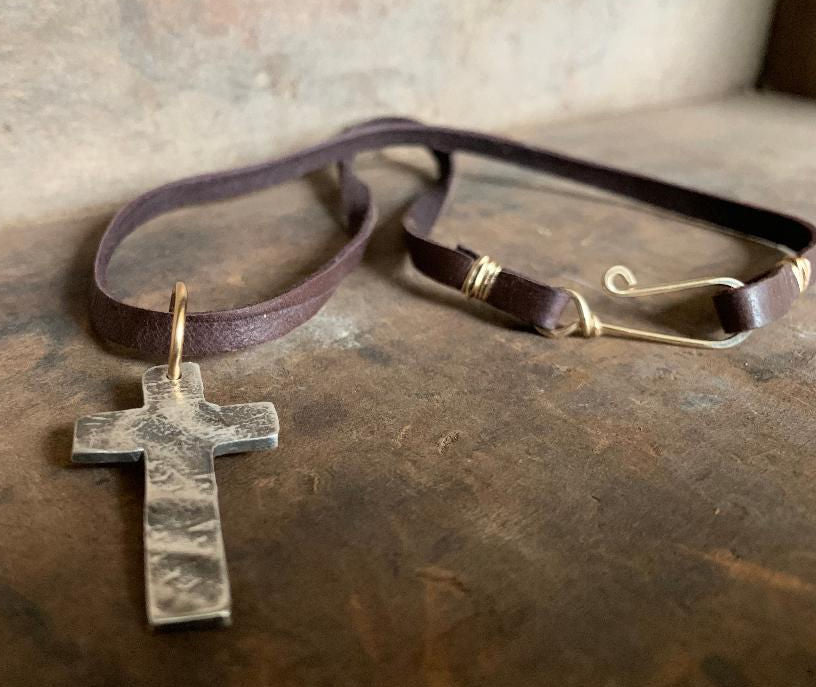 Faith Collection Necklace- Oxidized fine silver rustic Cross. 14kt Goldfill. Leather. Mixed Metal. Handmade
