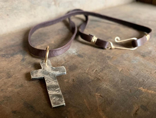 Faith Collection Necklace- Oxidized fine silver rustic Cross. 14kt Goldfill. Leather. Mixed Metal. Handmade