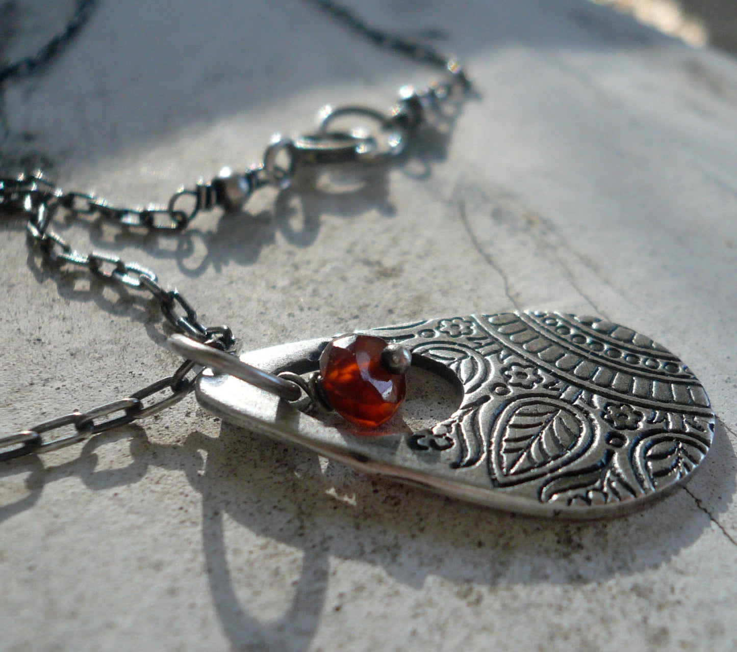Mehndi Spice Necklace - Handmade. Spessartite Garnet. Oxidized Fine and Sterling Silver