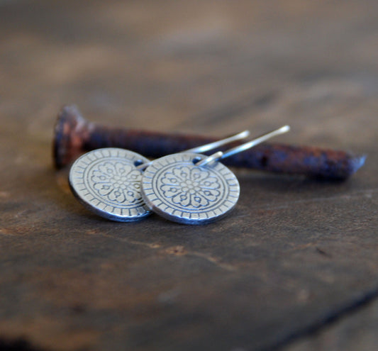 Mandala Earrings - Handmade. Oxidized fine and sterling silver