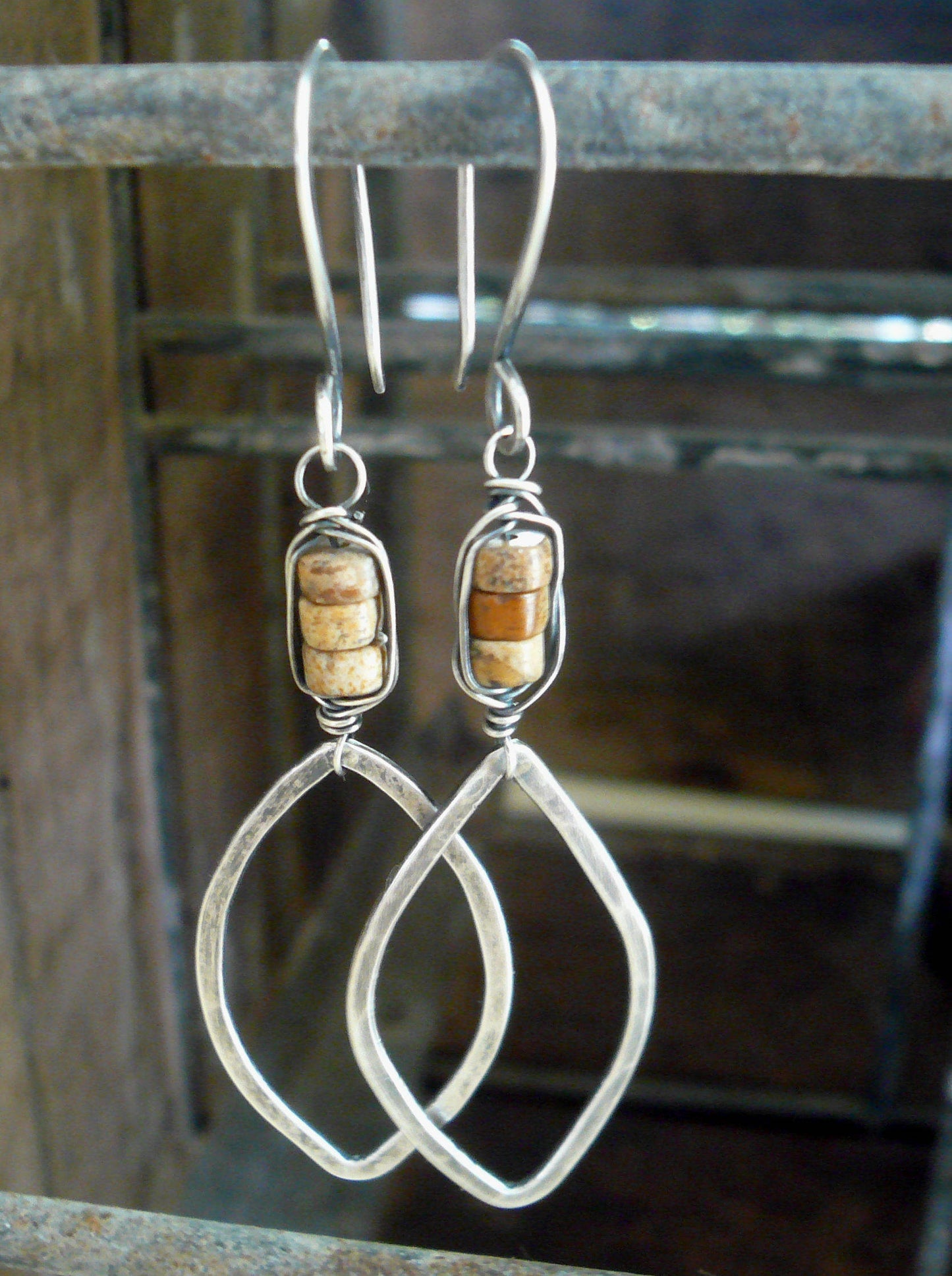 Fallen - Handmade. Oxidized sterling silver dangle Earrings. Wire Wrapped Picture Jasper
