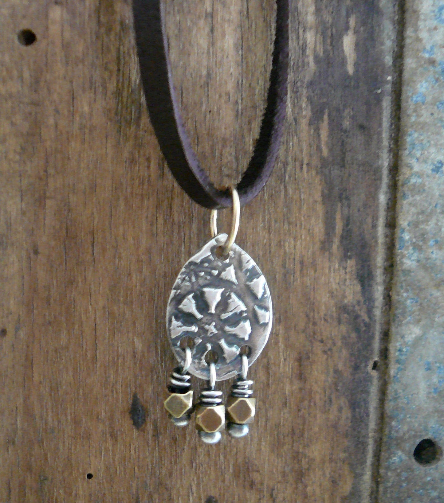 Soleil Collection Drops Necklace- Oxidized fine silver. Brass. 14kt Goldfill. Leather. Mixed Metal. Handmade