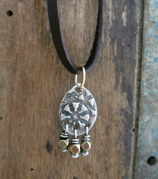 Soleil Collection Drops Necklace- Oxidized fine silver. Brass. 14kt Goldfill. Leather. Mixed Metal. Handmade