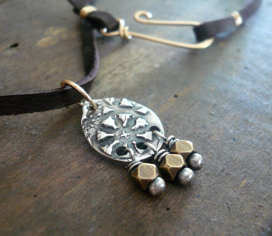 Soleil Collection Drops Necklace- Oxidized fine silver. Brass. 14kt Goldfill. Leather. Mixed Metal. Handmade