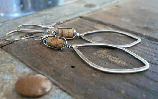 Fallen - Handmade. Oxidized sterling silver dangle Earrings. Wire Wrapped Picture Jasper