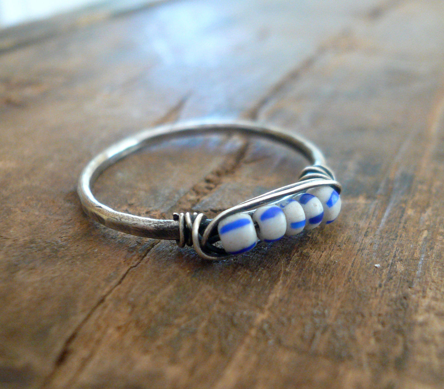 Nestle Ring in Wedgewood - Sterling Silver Stacking Ring. Wire Wrapped Antique European Seed Beads.Hand forged. Handmade by jNicDesigns