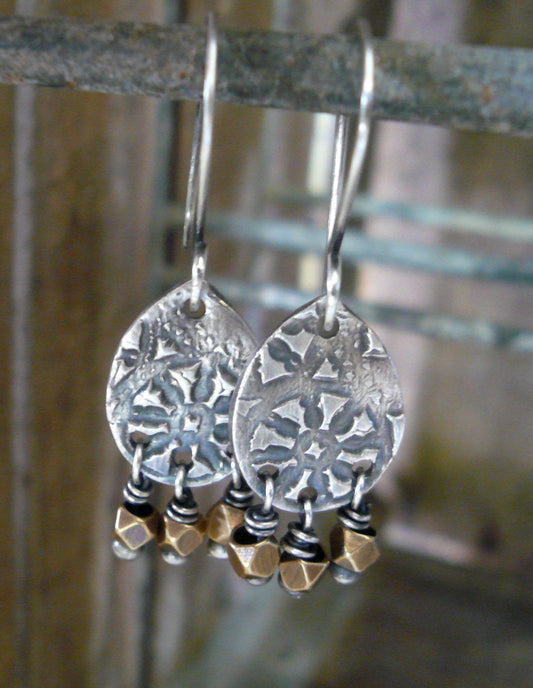 Soleil Collection Drops Earrings - Oxidized fine silver. Brass. Mixed Metal. Handmade