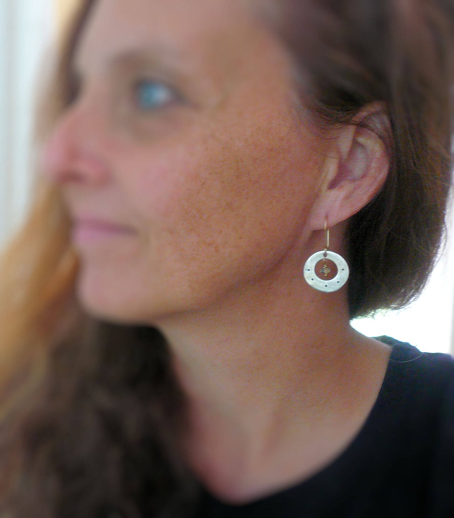 Soleil Collection Orbital Earrings - Oxidized fine silver. 14kt Goldfill. Scapolite. Mixed Metal. Handmade