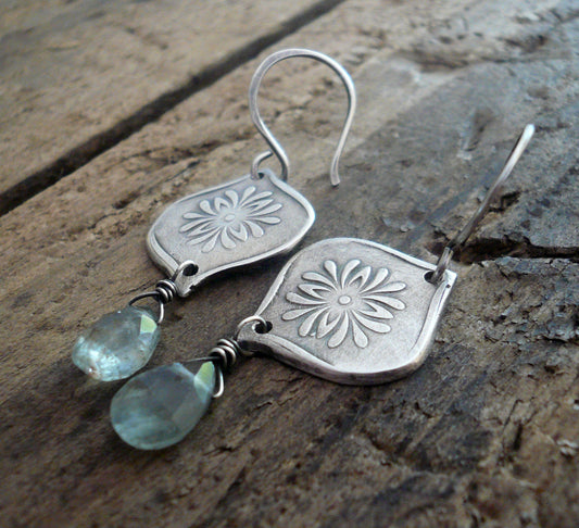 Muse Earrings - Oxidized fine and sterling silver. Moss Aquamarine. Handmade dangle earrings