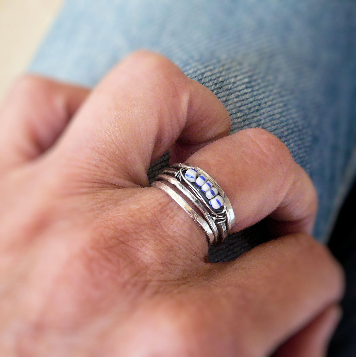 Nestle Ring in Wedgewood - Sterling Silver Stacking Ring. Wire Wrapped Antique European Seed Beads.Hand forged. Handmade by jNicDesigns