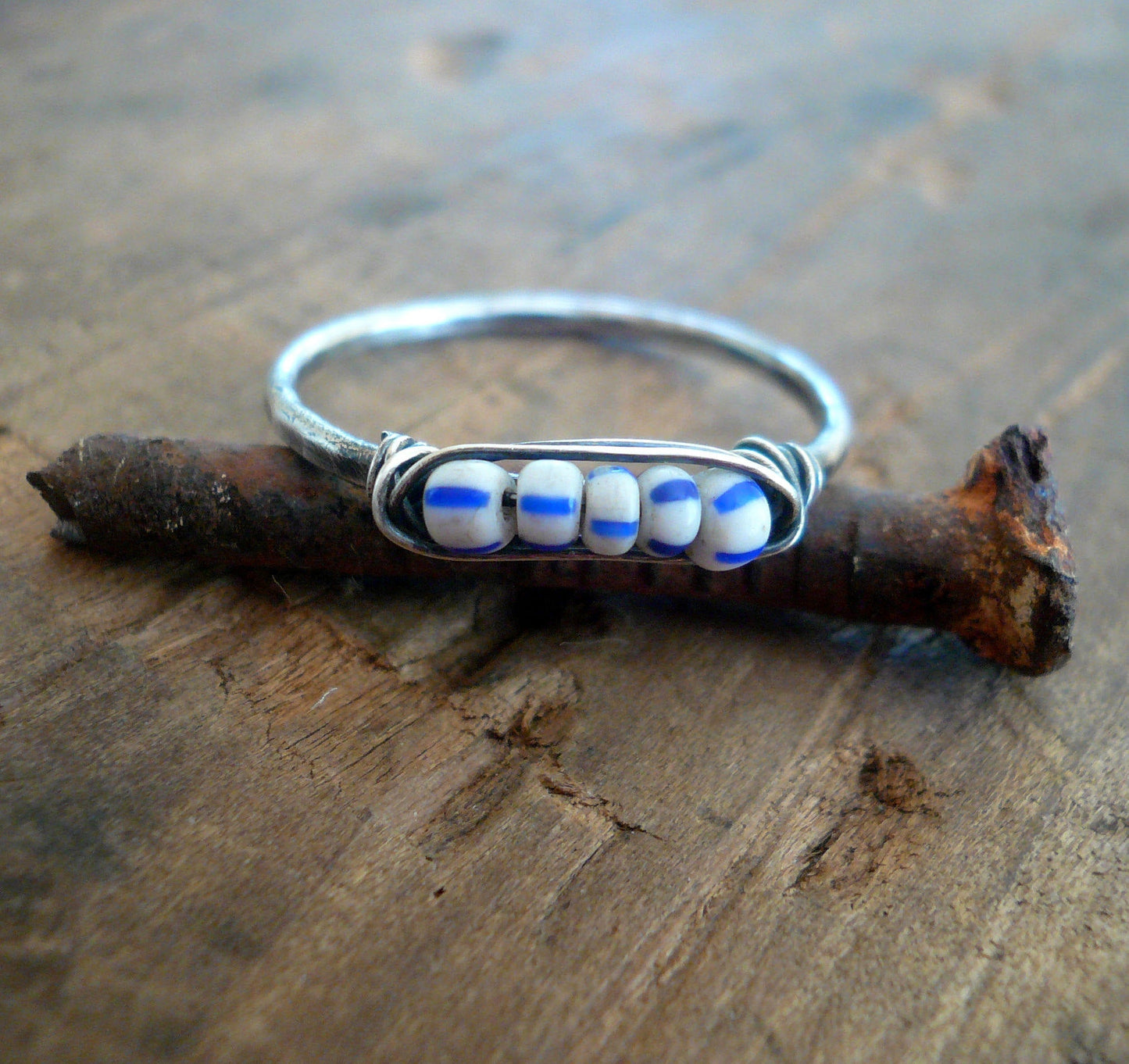 Nestle Ring in Wedgewood - Sterling Silver Stacking Ring. Wire Wrapped Antique European Seed Beads.Hand forged. Handmade by jNicDesigns