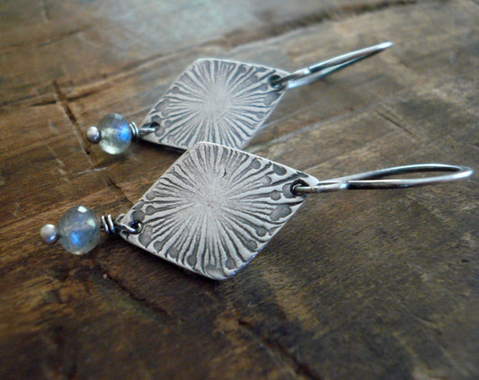 Serein Earrings- Oxidized fine and sterling silver. Labradorite. Dangle earrings.Handmade