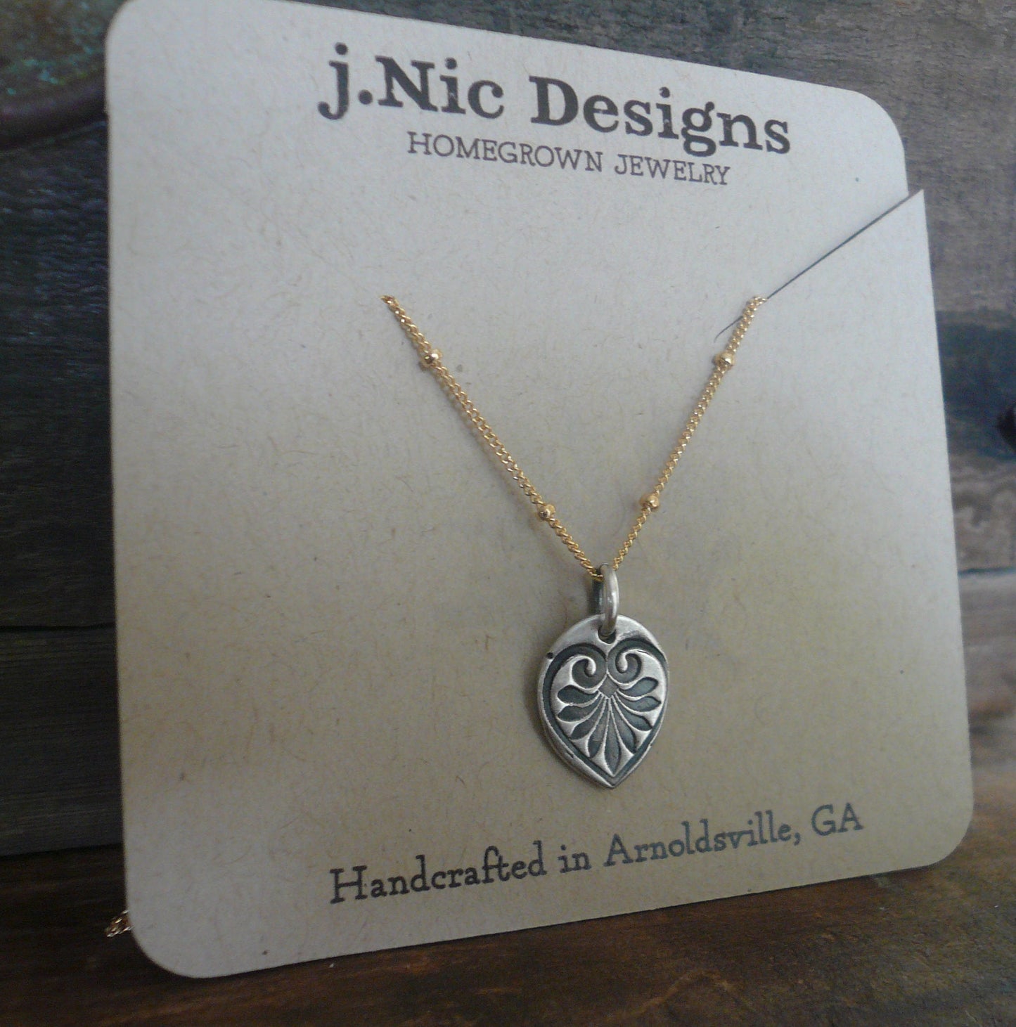 French Quarter Necklace -Leaf - Oxidized fine silver and 14kt Goldfill or sterling silver chain. Handmade