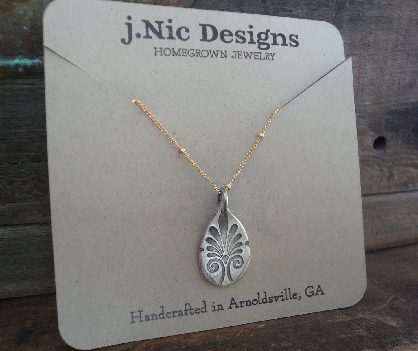 French Quarter Necklace -Tear- Oxidized fine silver and 14kt Goldfill or sterling silver chain. Handmade