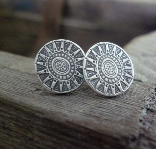 Medallion Style 1 Stud Earrings- Oxidized Sterling and Fine Silver Post Earrings. Handmade.