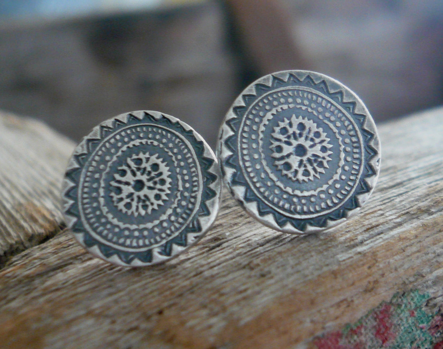 Medallion Style 2 Stud Earrings- Oxidized Sterling and Fine Silver Post Earrings. Handmade.