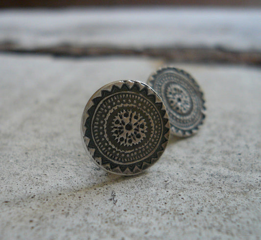 Medallion Style 2 Stud Earrings- Oxidized Sterling and Fine Silver Post Earrings. Handmade.