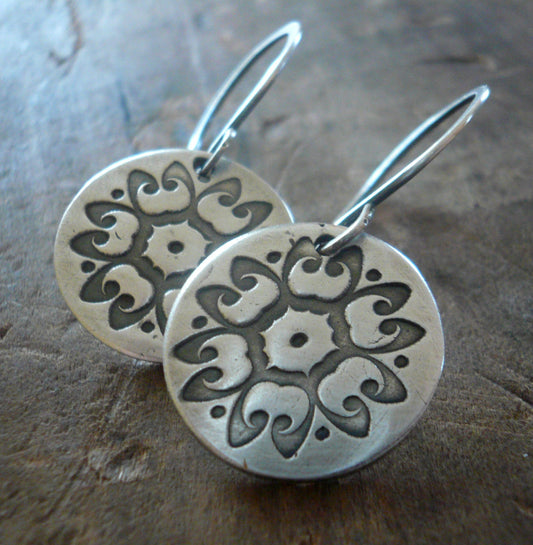 Medallion Earrings Large Style I - Handmade. Oxidized fine and sterling silver