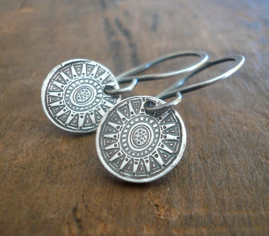 Medallion Earrings Small Style I - Handmade. Oxidized fine and sterling silver