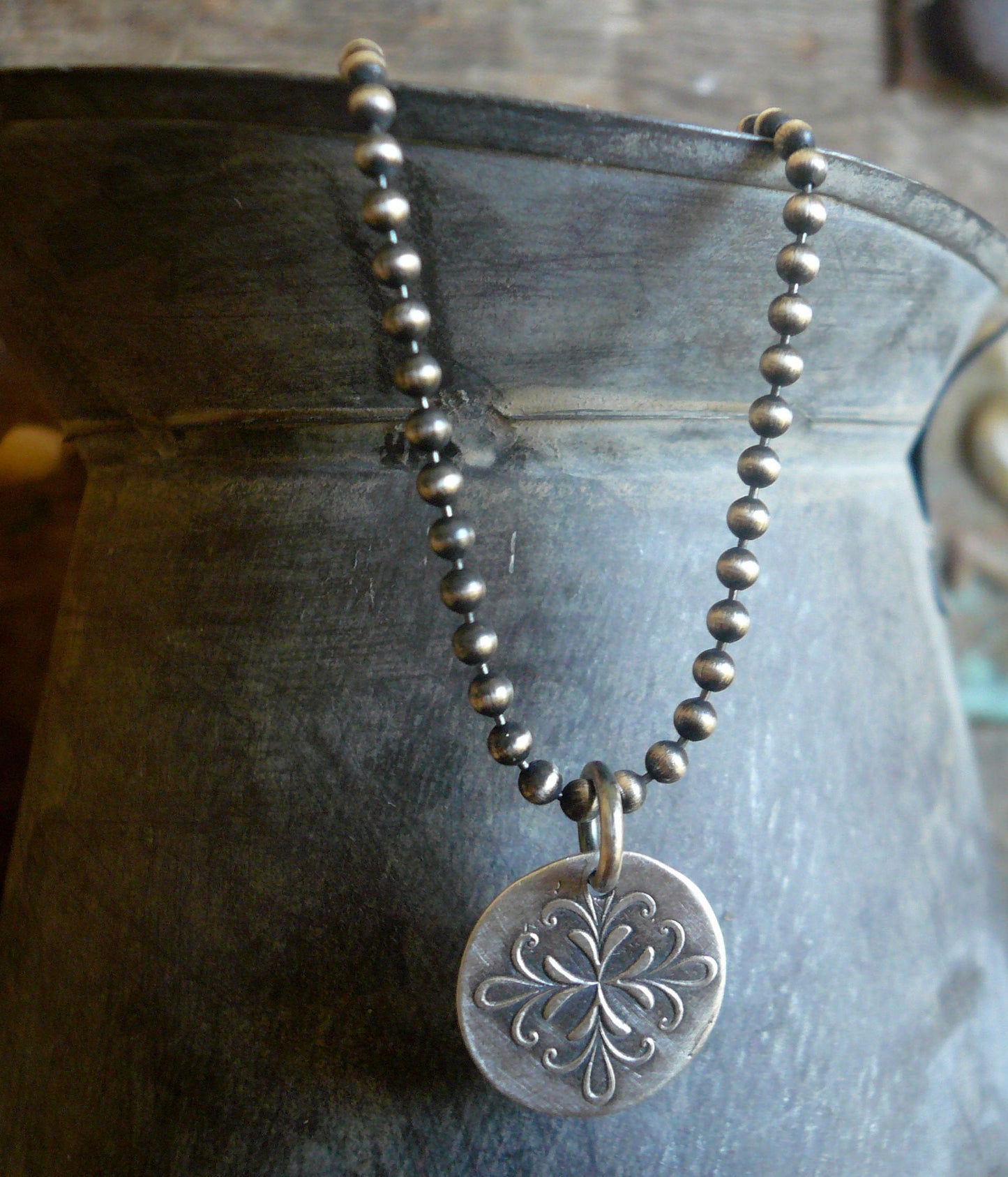Medallion Medium Style I Necklace - Oxidized fine and Sterling Silver. Handmade