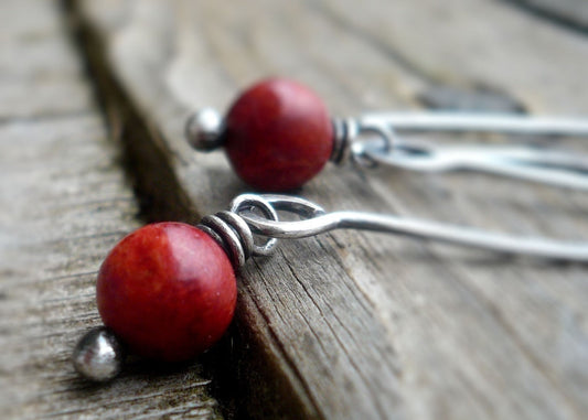 Minimalist in Cherry - Handmade Earrings. Red Coral, Oxidized Sterling Silver Dangle Earrings